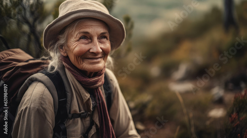 Adventurous Elderly Woman Embracing Nature - Generative AI