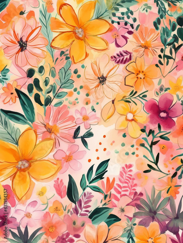 Watercolor style warm tone floral pattern background . Created with Generative AI technology