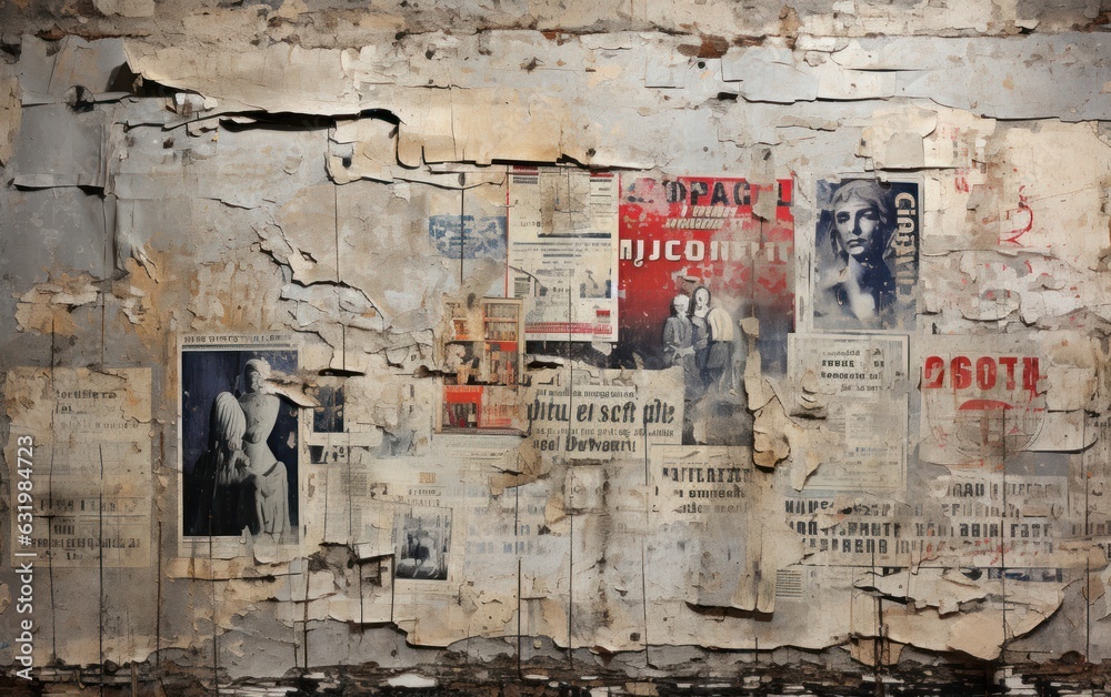 Fototapeta premium Old aged worn damaged vintage newspapers antique wall texture.