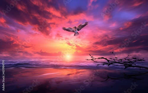 Pink Sunset Bird Surreal Inspirational Nature. © Tisha