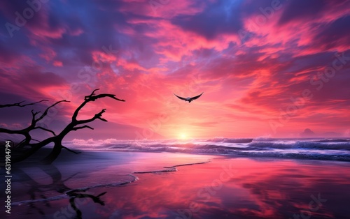 Pink Sunset Bird Surreal Inspirational Nature.