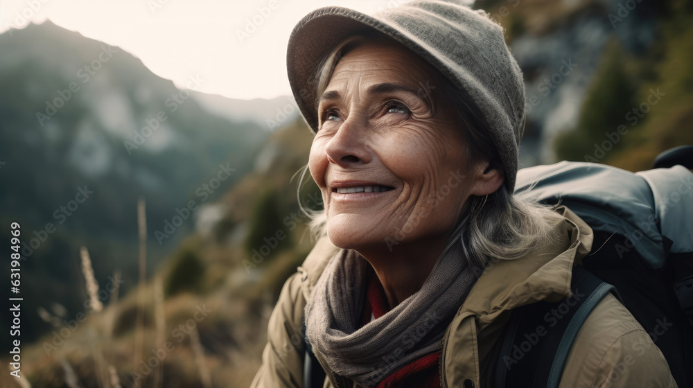 Adventurous Elderly Woman Embracing Nature - Generative AI Adventurous Elderly Woman Embracing Nature - Generative AI
