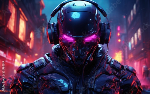 Synthwave Futuristic Cyberpunk Cyborg with Headset, Bright neon colours. © Tisha