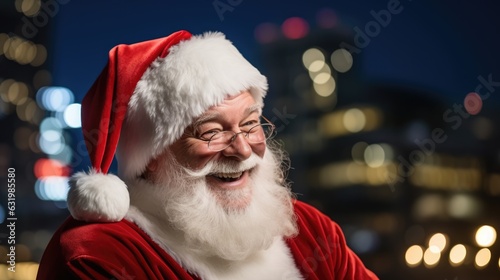 Cool happy Santa Claus looking at the camera in the city at night photo