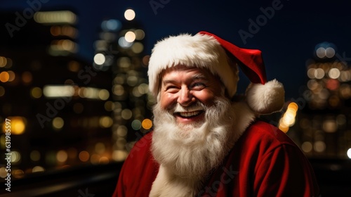 Cool happy Santa Claus looking at the camera in the city at night