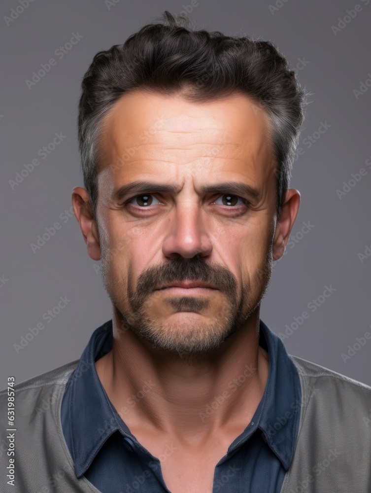 Serious mature man front mugshot on gray background