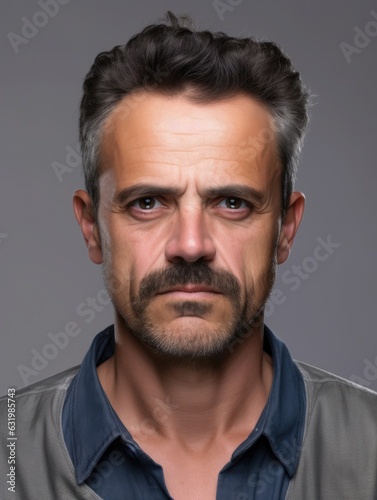 Serious mature man front mugshot on gray background © Adriana