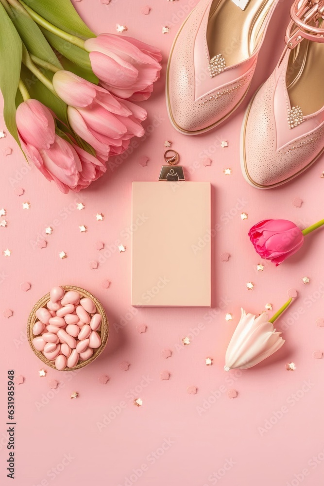 Women's Day concept. Top view vertical photo of pink tulips heart shaped present box beige shoes cosmetic brushes perfume necklace and sprinkles on pastel pink background with blank, Generative AI Women's Day concept. Top view vertical photo of pink tulips heart shaped present box beige shoes cosmetic brushes perfume necklace and sprinkles on pastel pink background with blank, Generative AI