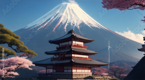 A digital painting of a mountain fuji with a Japanese building in the foreground by Generative AI