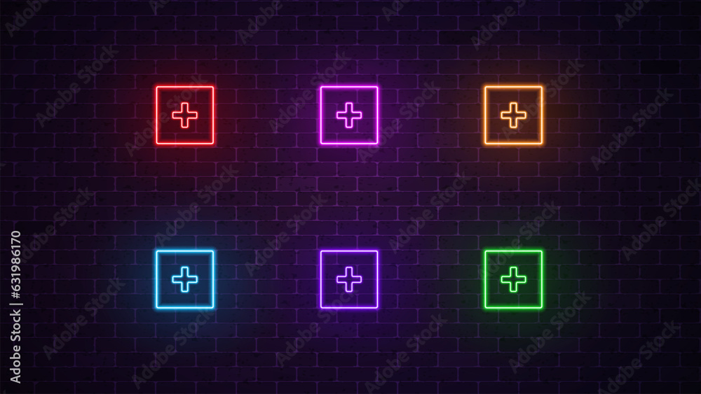 Addition neon buttons icon set. Add glowing sign. Vector illustration