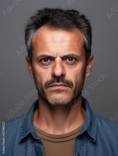 Serious mature man front mugshot on gray background