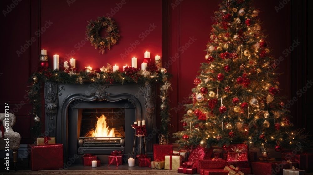 Beautiful red Christmas background with a decorated Christmas tree in the living room near the fireplace with lights and gifts. Generative AI Beautiful red Christmas background with a decorated Christmas tree in the living room near the fireplace with lights and gifts. Generative AI