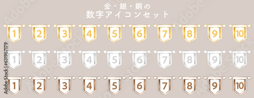 Gold, silver, bronze number icon set / illustration / winner / flag / decoration / 1st place / 2nd place / 3rd place / 10th place