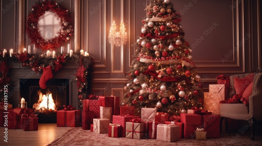 Beautiful red Christmas background with a decorated Christmas tree in the living room near the fireplace with lights and gifts. Generative AI