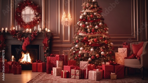 Beautiful red Christmas background with a decorated Christmas tree in the living room near the fireplace with lights and gifts. Generative AI