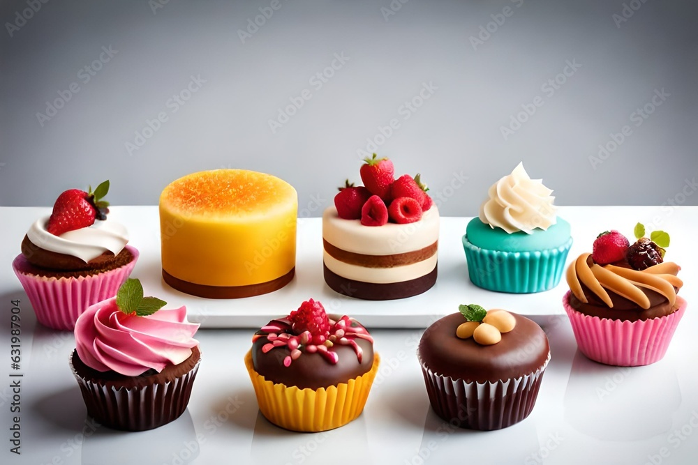 Set of bright colorful cakes isolated on white background, png. Cakes with fondant ruffles, fresh berries, chocolate, caramel