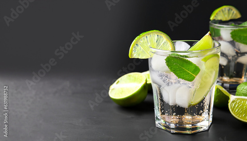 Tasty refreshing soda drink with ice cubes and lime slices on black background. Banner design with space for text
