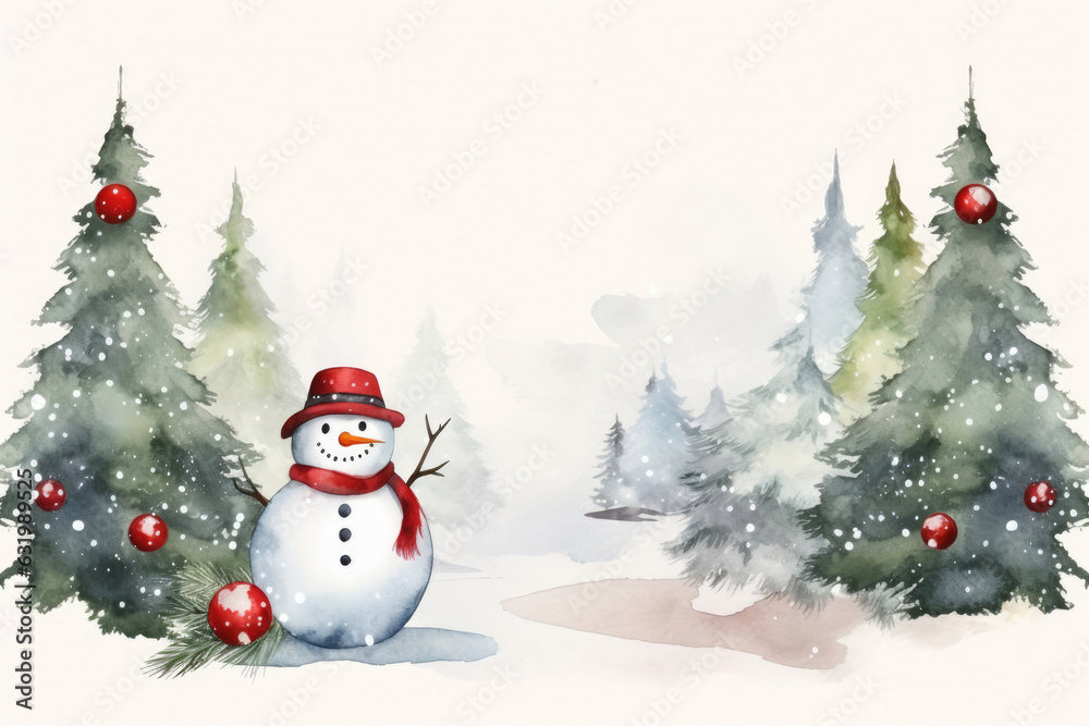 Watercolor Christmas card design with snowman and red Christmas balls
