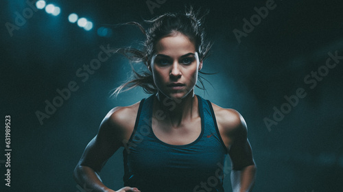 A young female sports star running in a dark background