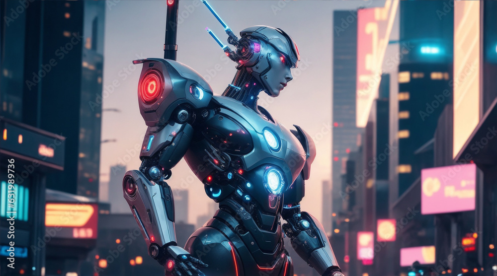 Futuristic cyborg with robotic arm stands illuminated in modern city by Generative AI Futuristic cyborg with robotic arm stands illuminated in modern city by Generative AI