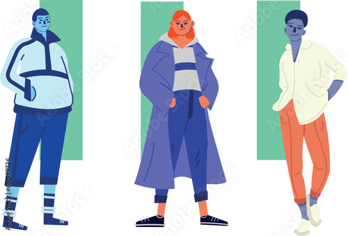 Sets of stylish people in vector art style Street fashion look Young men and women dressed in stylish trendy oversized clothing. Models standing in various poses.