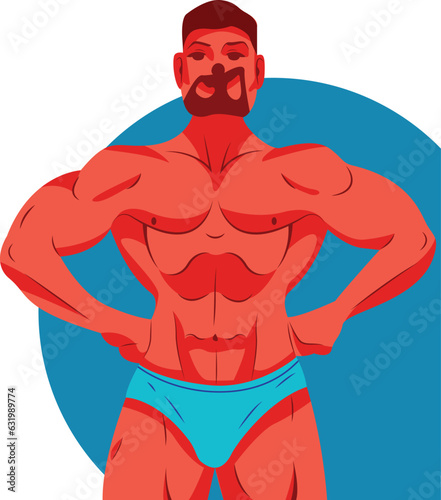 Strong and muscular bodybuilder standing isolated on white background with blue circle. Muscleman character  Weightlifting, powerlifting or bodybuilding. Vector illustration