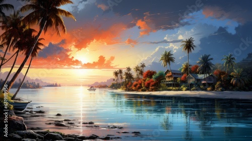 palm trees village ocean