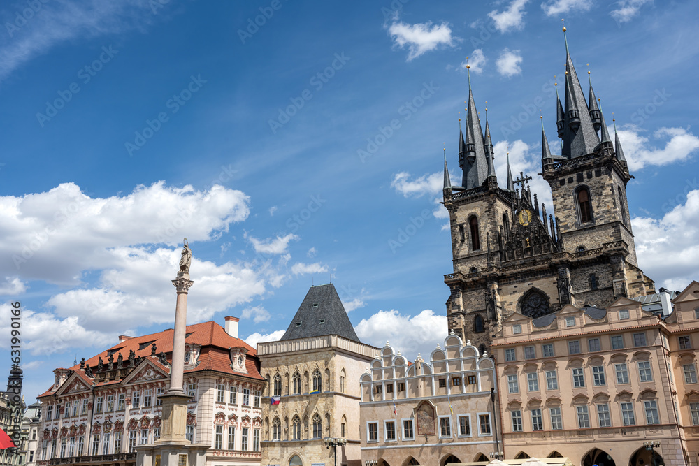 Beautiful historic buildings and the Tyn Church at the Old Town Square on Prague, Czech Republic