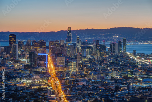 The skyline of downtown San Francisco in California before sunrise