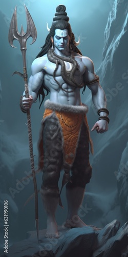 illustration of Hindu god lord shiva doing meditation with his powerful trident, generative AI photo