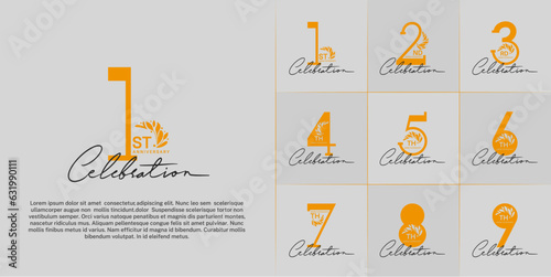 set of anniversary logotype orange color with ornament and handwriting for special celebration event