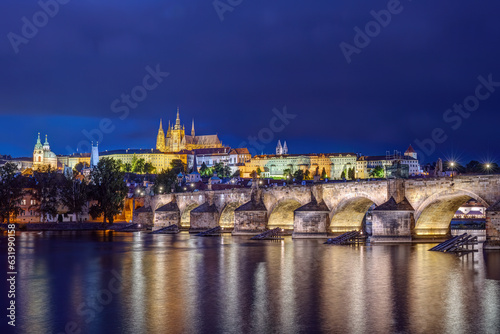 The castle, the cathedral and the famous Charles Bridge in Prague at night