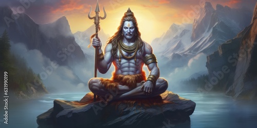 illustration of Hindu god lord shiva doing meditation with his powerful trident, generative AI photo