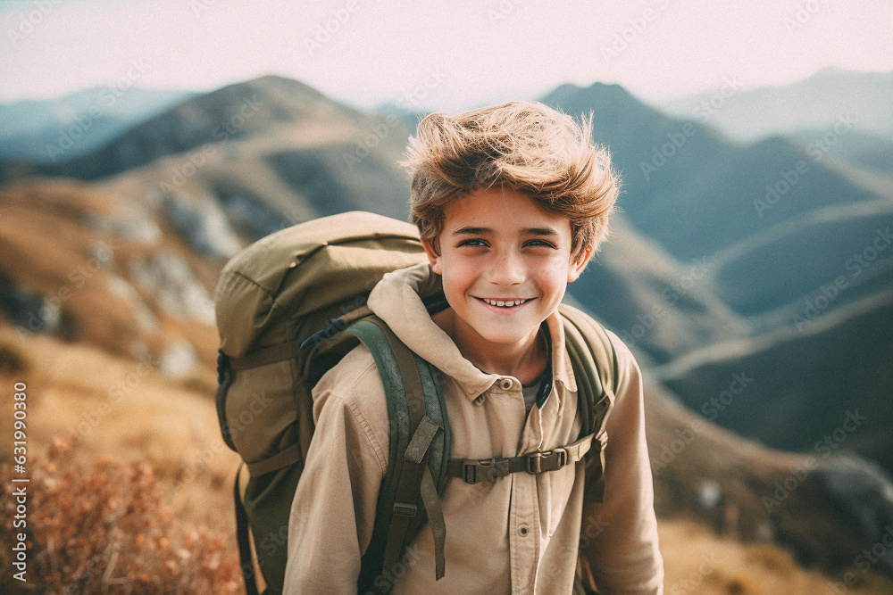 Young boy walking on mountain top with backpack smiling towards the camera