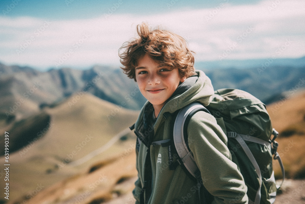 Young boy walking on mountain top with backpack smiling towards the camera Young boy walking on mountain top with backpack smiling towards the camera