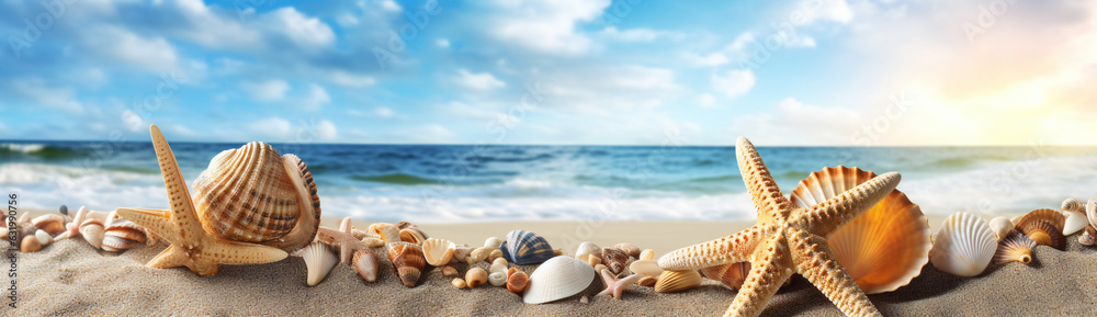 Beach summer vacation theme, concept background illustration with sea shells and starfish on sand and blue sea in background Beach summer vacation theme, concept background illustration with sea shells and starfish on sand and blue sea in background