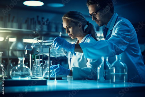 Scientists working in biology or chemical laboratory. Generic lab research and science concept.