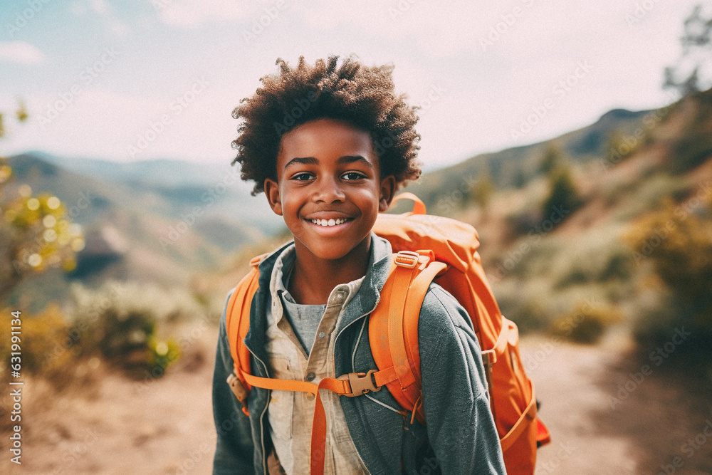 Black young boy walking on mountain top Black young boy walking on mountain top