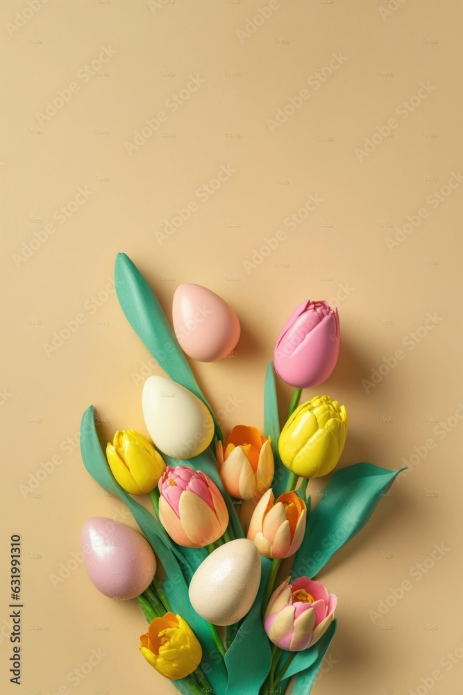 Easter decor concept. Top view vertical photo of bouquet of yellow and pink tulips and colorful easter eggs on isolated pastel beige background with, Generative AI Easter decor concept. Top view vertical photo of bouquet of yellow and pink tulips and colorful easter eggs on isolated pastel beige background with, Generative AI