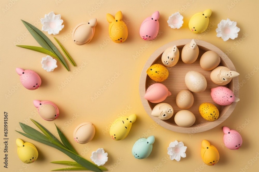 Easter decor concept. Top view photo of colorful easter eggs ceramic bunnies yellow and pink tulips and wooden egg holder on isolated pastel beige background with copyspace in the, Generative AI