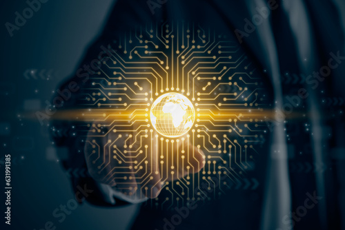 Businessman Touch Screen and Global Network Technology Icon in Vintage Tone