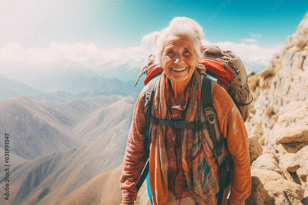 Old woman walking on mountain top Old woman walking on mountain top