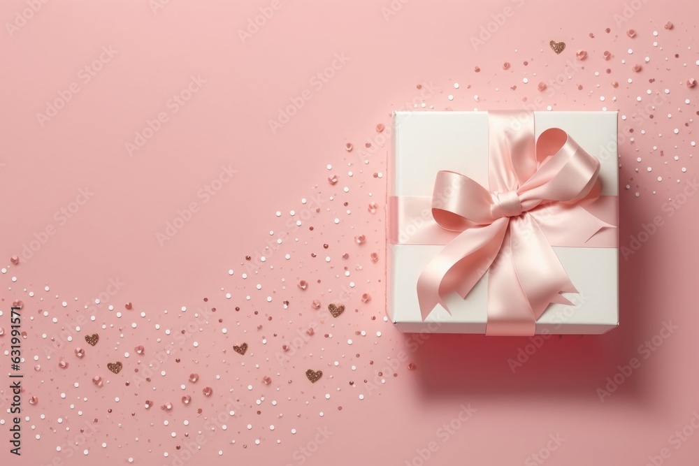 Top view photo of st valentine's day decorations white giftbox with bow pink curly ribbon small hearts and sequins on isolated pastel pink background with empty, Generative AI Top view photo of st valentine's day decorations white giftbox with bow pink curly ribbon small hearts and sequins on isolated pastel pink background with empty, Generative AI