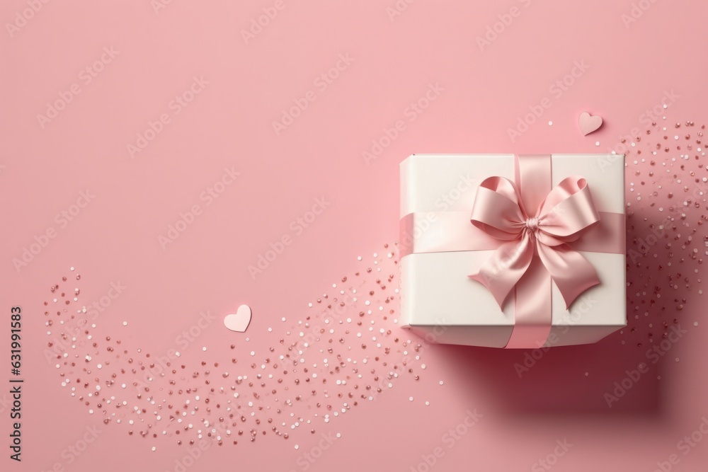 Top view photo of st valentine's day decorations white giftbox with bow pink curly ribbon small hearts and sequins on isolated pastel pink background with empty, Generative AI Top view photo of st valentine's day decorations white giftbox with bow pink curly ribbon small hearts and sequins on isolated pastel pink background with empty, Generative AI