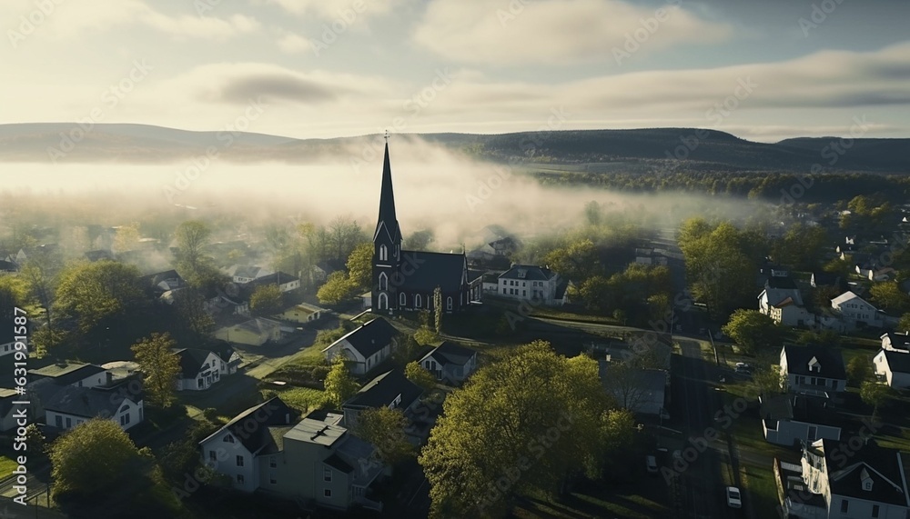 church in the fog - small town,  aerial view of a community - digital illustration - ai generative