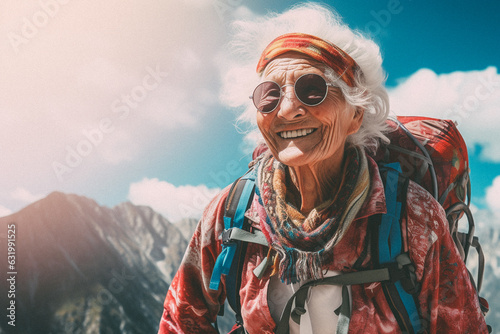 Old woman walking on mountain top
