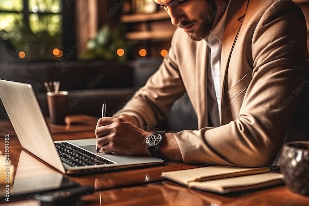 Obraz premium Businessman working with laptop computer in office. Close up of hands