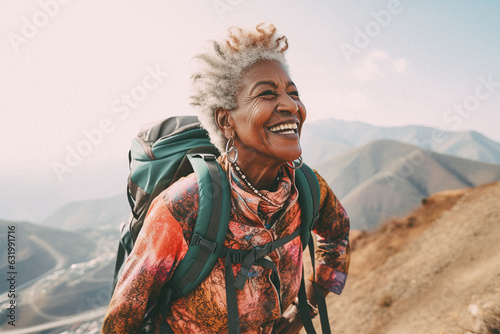 Old black woman walking on mountain top