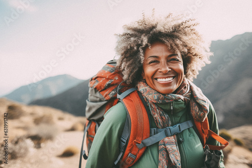 Old black woman walking on mountain top