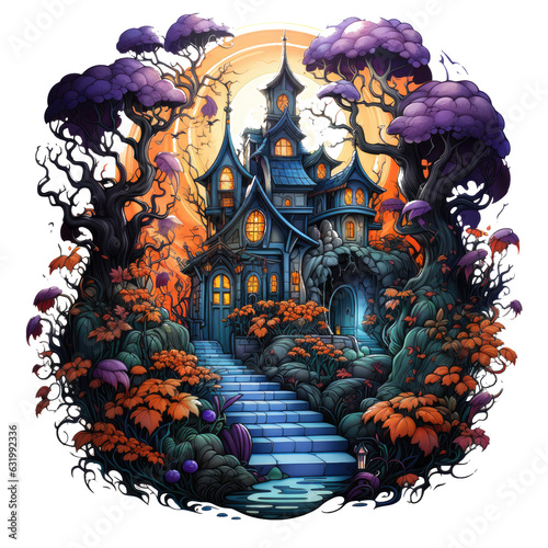 A magical Halloween haunted house t-shirt design in an enchanted forest, with the haunted house covered in mystical vines, Generative Ai